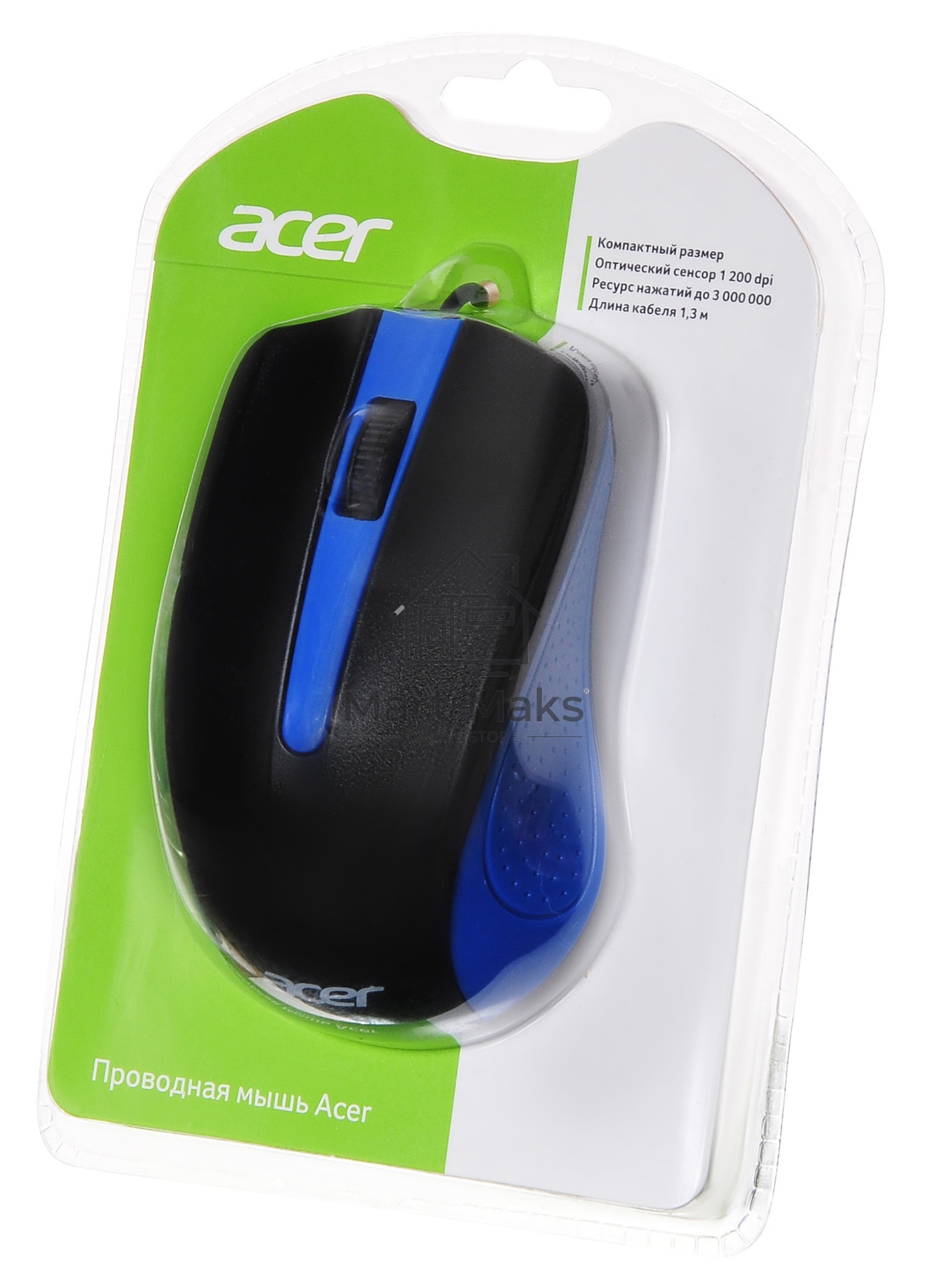 Мышь проводная Acer OMW011 черный/синий, 1200 dpi, USB, кнопки - 3