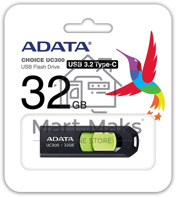 Флешка USB R/W ADATA R/W 32Gb Type-C UC300 ACHO-UC300-32G-RBK/GN USB3.2 черный/зеленый