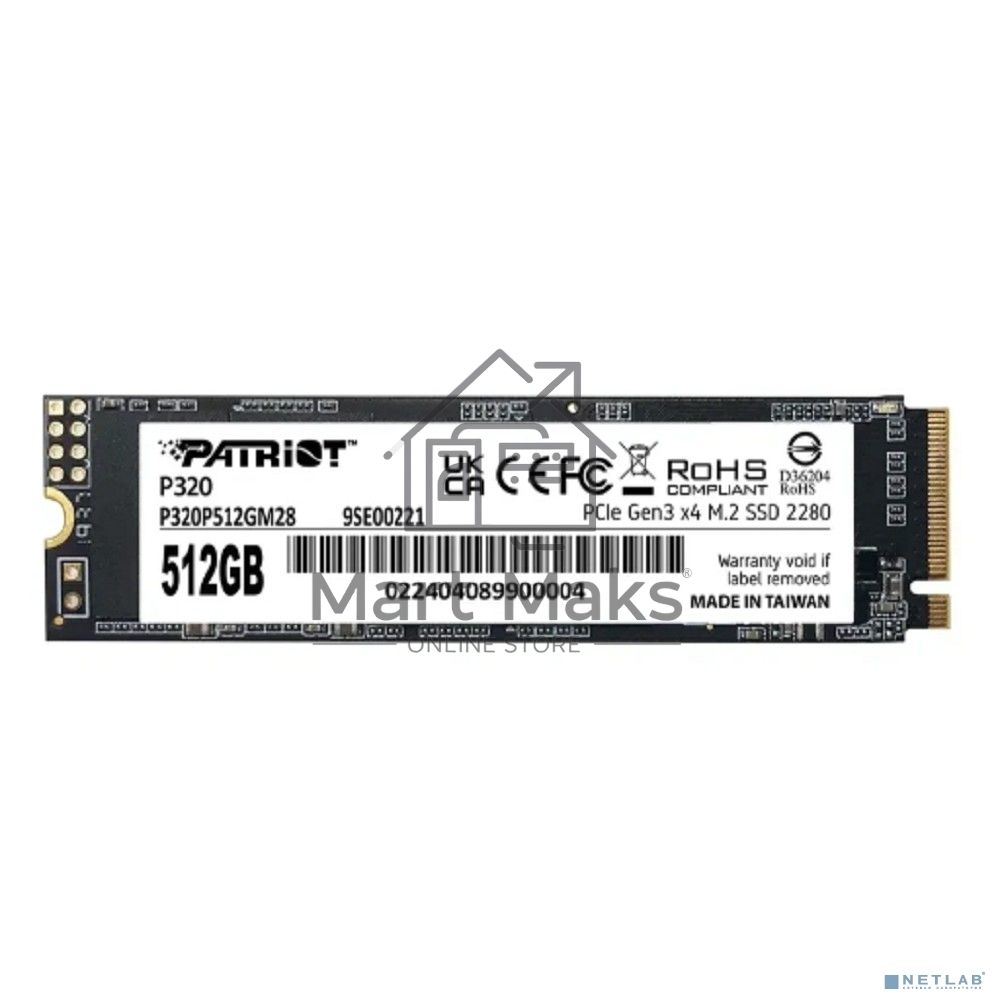 Накопитель SSD Patriot P320, 512GB, PCIe 3.0 x4, M.2 2280, NVMe, R/W 3000/2200
