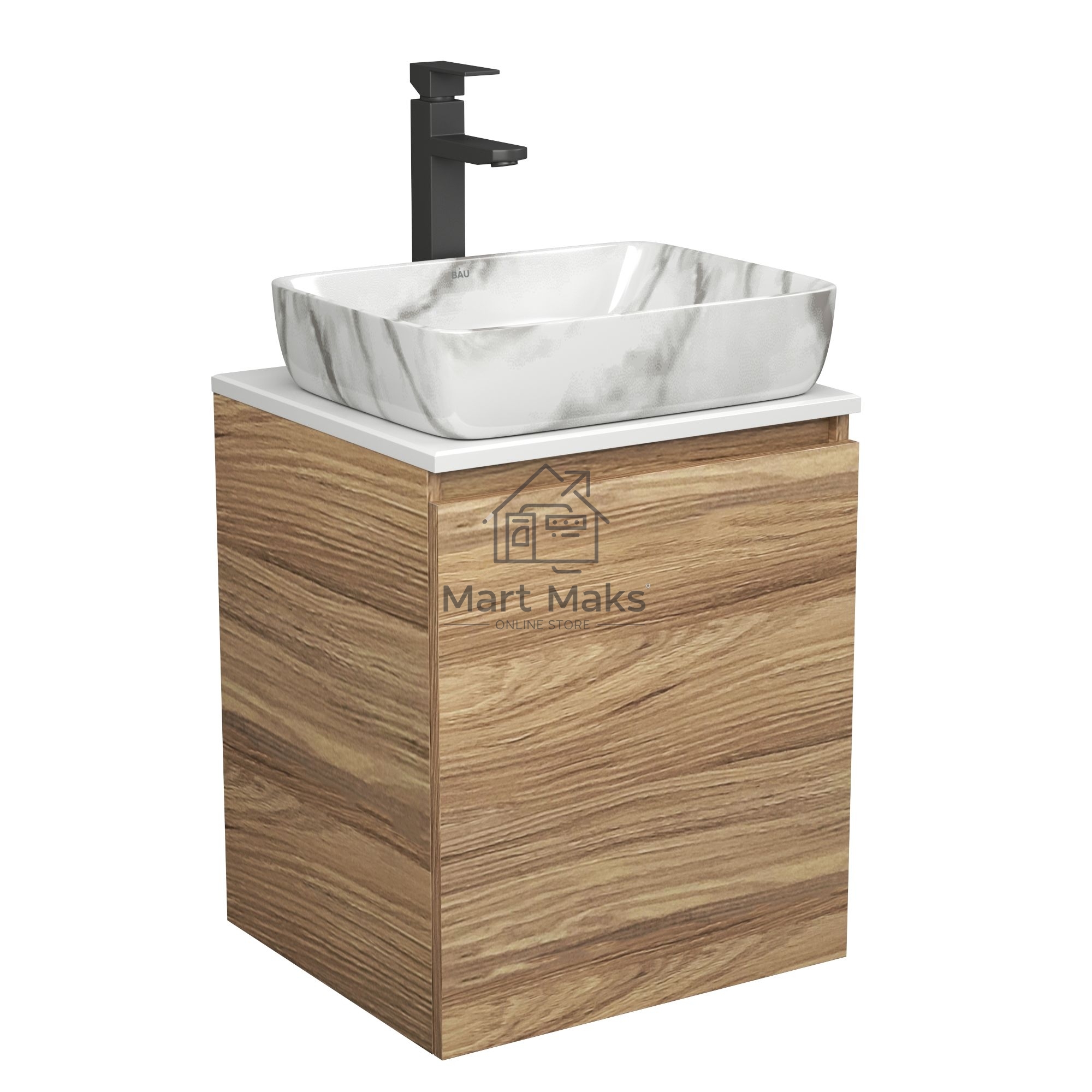 Тумба Bau Dream Blackwood 50 с дверцей, раковина BAU Hotel 51х39, мрамор, смеситель для раковины высокий Hotel Black, черный
