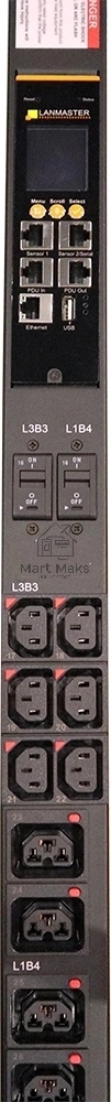 Блок распределения питания Lanmaster LAN-PDUVG332C-36L12Z-03BK верт.размещ. 36xC13 12xC39 с мониторингом 3x32A IEC 309 3м