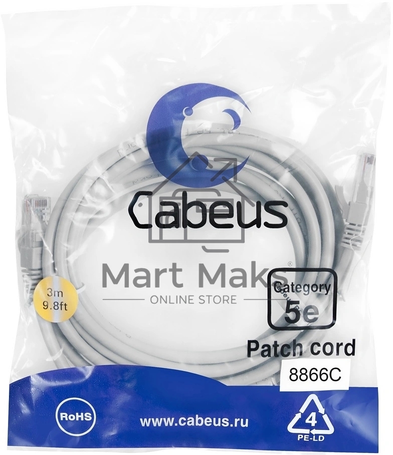 Патч-корд Cabeus PC-UTP-RJ45-Cat.5e-3m-LSZH Cat.5e, неэкр., U/UTP, RJ45/RJ45, LSZH, AWG24, 3м, серый