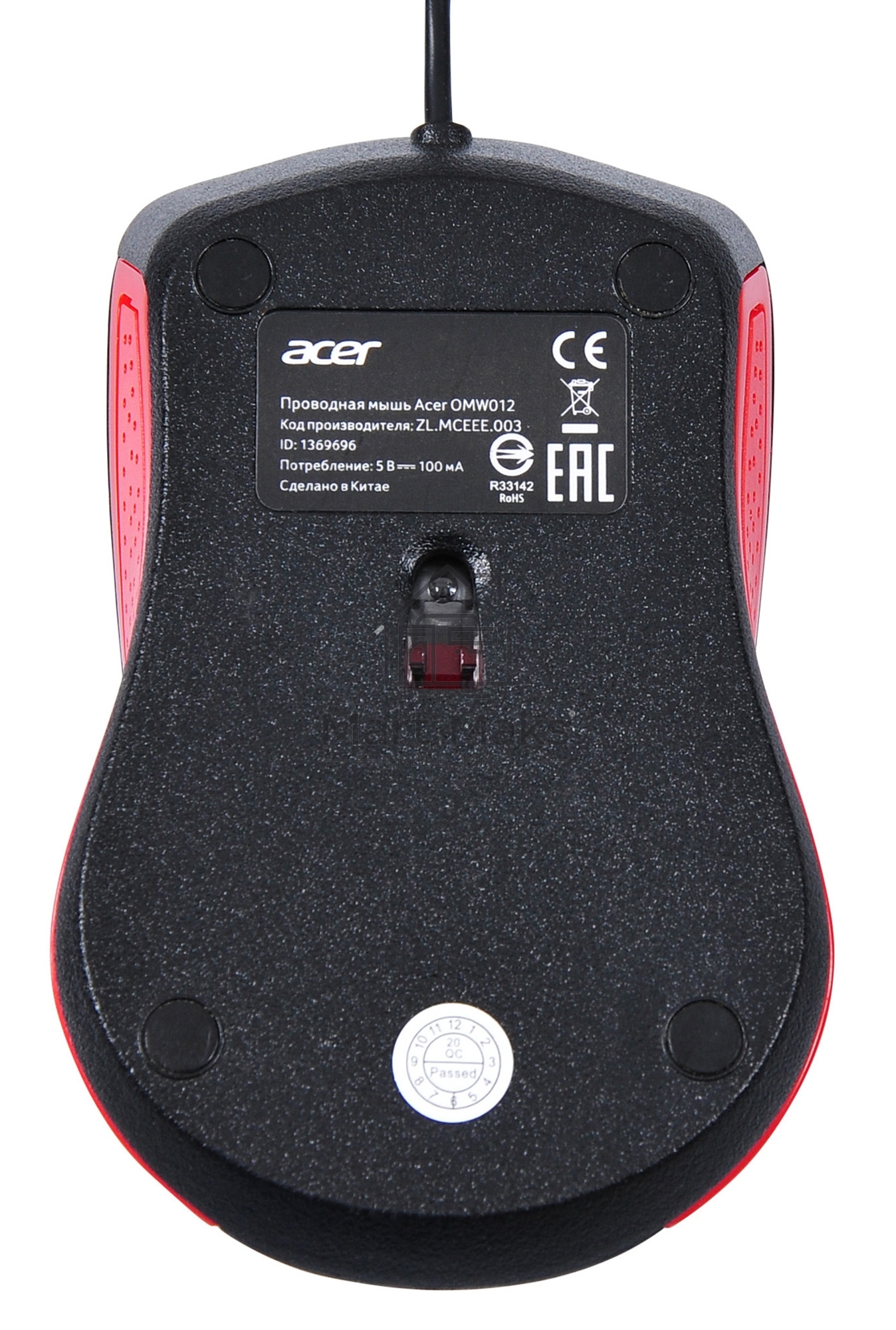 Мышь проводная Acer OMW012 черный/красный, 1200 dpi, USB, кнопки - 3