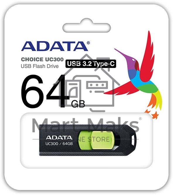 Флешка USB R/W ADATA R/W 64Gb Type-C UC300 ACHO-UC300-64G-RBK/GN USB3.2 черный/зеленый