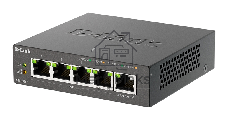 Неуправляемый коммутатор D-Link DGS-1005P/B3A с 5 портами 10/100/1000Base-T (4 порта PoE 802.3af/at, PoE-бюджет 60 Вт)