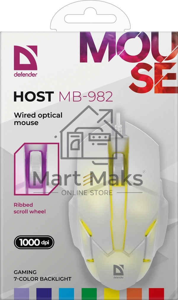 Мышь проводная Defender Host MB-982 белый, 1000 dpi, USB, кнопки - 3