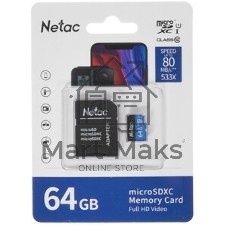 Флеш карта microSDHC 64Gb Netac P500 NT02P500STN-064G-R (с SD адаптером) 80Mb/s