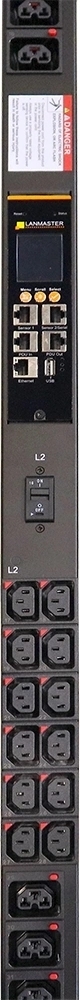 Блок распределения питания Lanmaster LAN-PDUVM316C-36L12Z-03BK верт.размещ. 36xC13 12xC39 с пофазным измерением энергии 3x16A IEC 309 3м