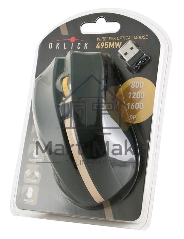 Мышь беспроводная Oklick 495MW черный/золотистый, 1600 dpi, радиоканал, USB, кнопки - 6