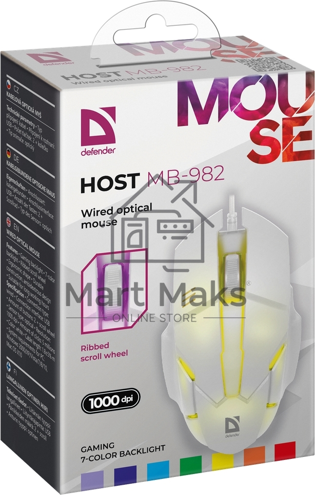 Мышь проводная Defender Host MB-982 белый, 1000 dpi, USB, кнопки - 3