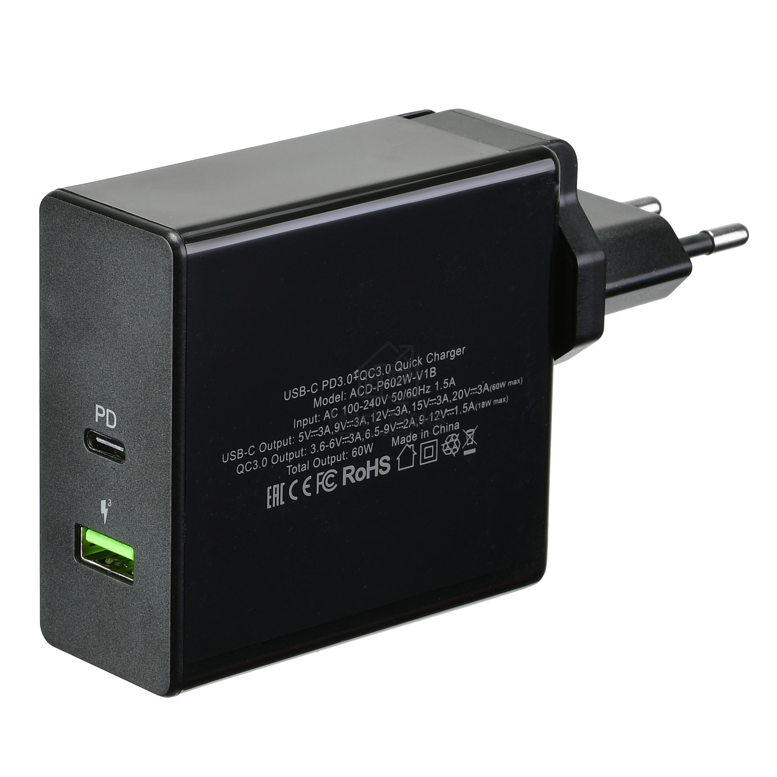 Сетевое зарядное устройство  ACD-P602W-V1B 60Вт, 2xUSB 1PD+1QC, 3.6~20В/3А RTL