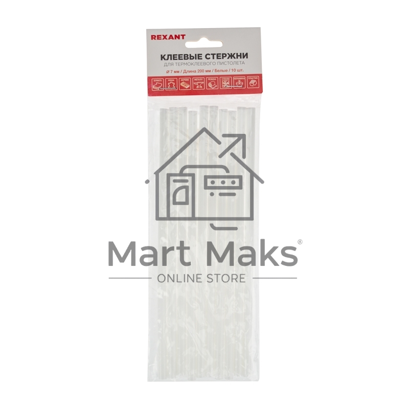 Стержни клеевые Rexant Ø 7 мм, 200 мм, белые (10 шт./уп.) (хедер)