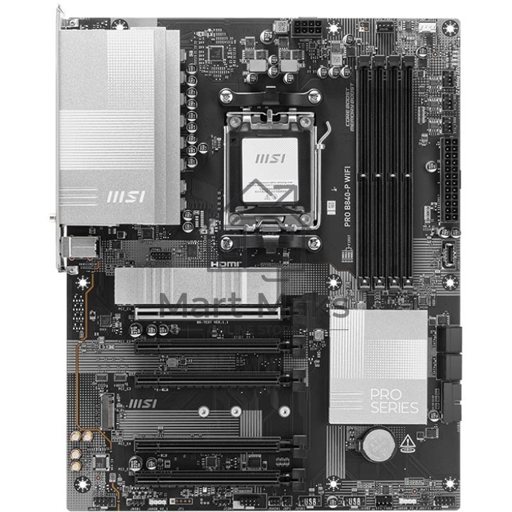 Материнская плата MSI PRO B840-P WIFI, Socket AM5, AMD B840, 4xDDR5, 4xSATA, 2xM.2, 1xPCI-E 4.0 x16, 1xPCI-E 3.0 x4, 3xPCI-E 3.0 x1, 1xHDMI, 1x 2.5Gb LAN, 4xUSB-A 2.0, 2xUSB-A 5Gbps, 1xUSB-C 5Gbps, 1xUSB-A 10Gbps, 1xUSB-C 10Gbps, 3x3.5 мм, 7.1, ATX