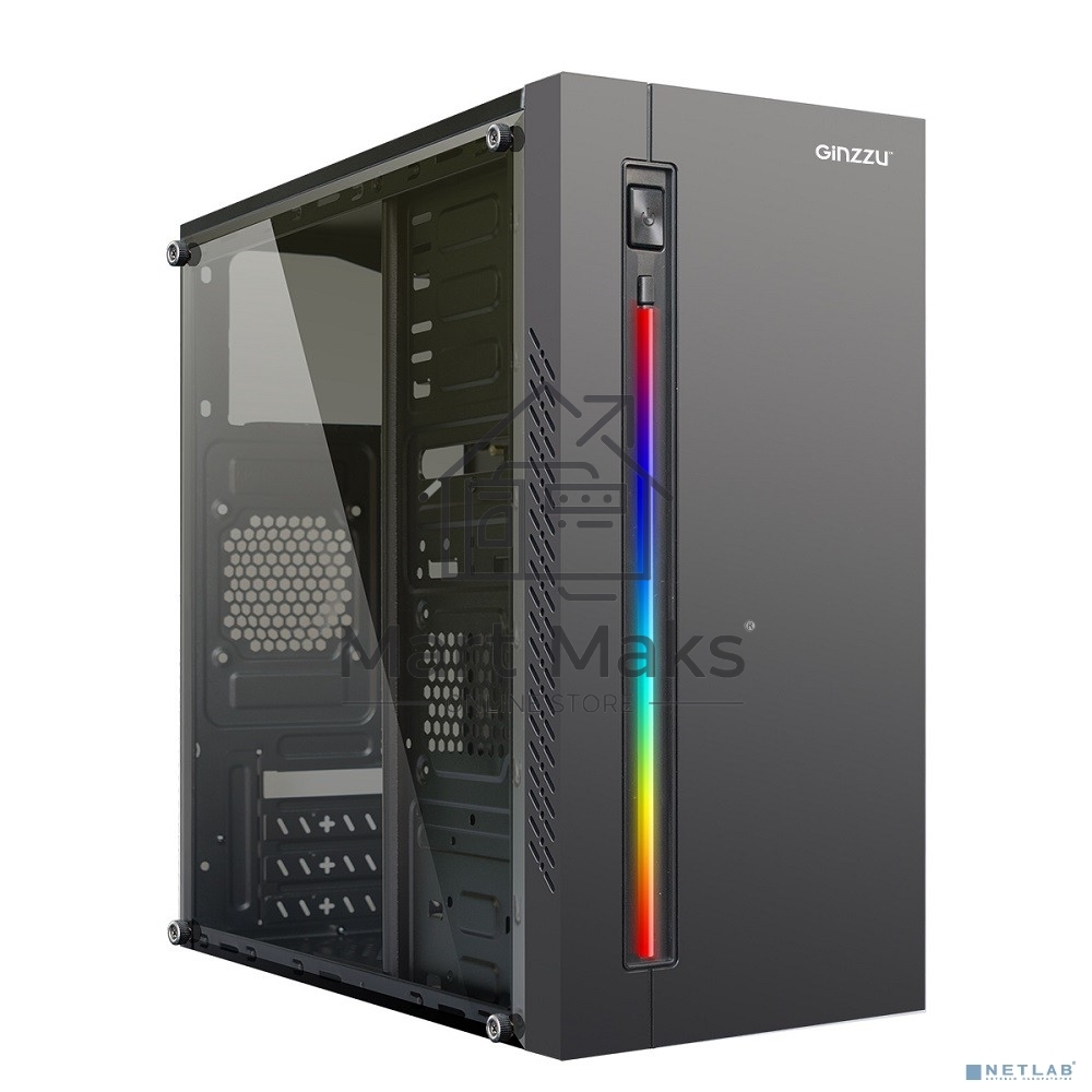 Компьютерный корпус MiniTower Ginzzu D370, RGb, Акриловое стекло, mATX, 2xUSB 2.0, черный, без БП, без вентиляторов