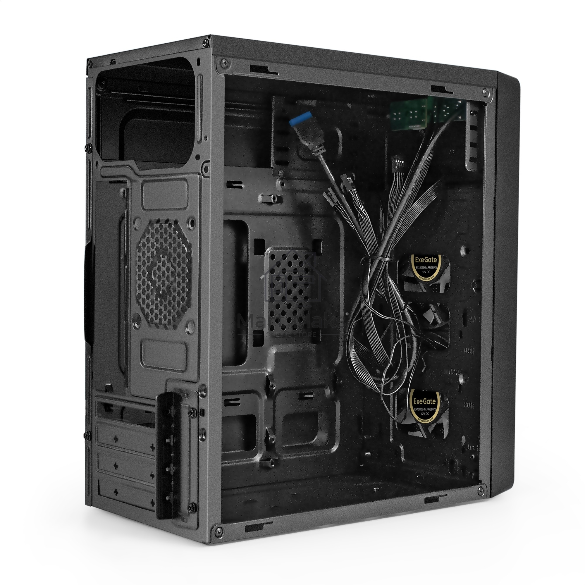 Компьютерный корпус Minitower ExeGate mEVO-7803 (mATX, без БП, 2*USB+1*USB3.0, HD аудио, черный, 2 вент. 12см с RGB подсветкой)