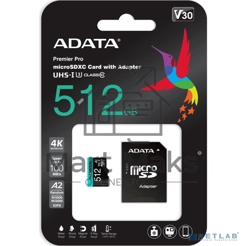 Карта памяти MICRO SDXC 512GB W/AD. AUSDX512GUI3V30SA2-RA1 ADATA