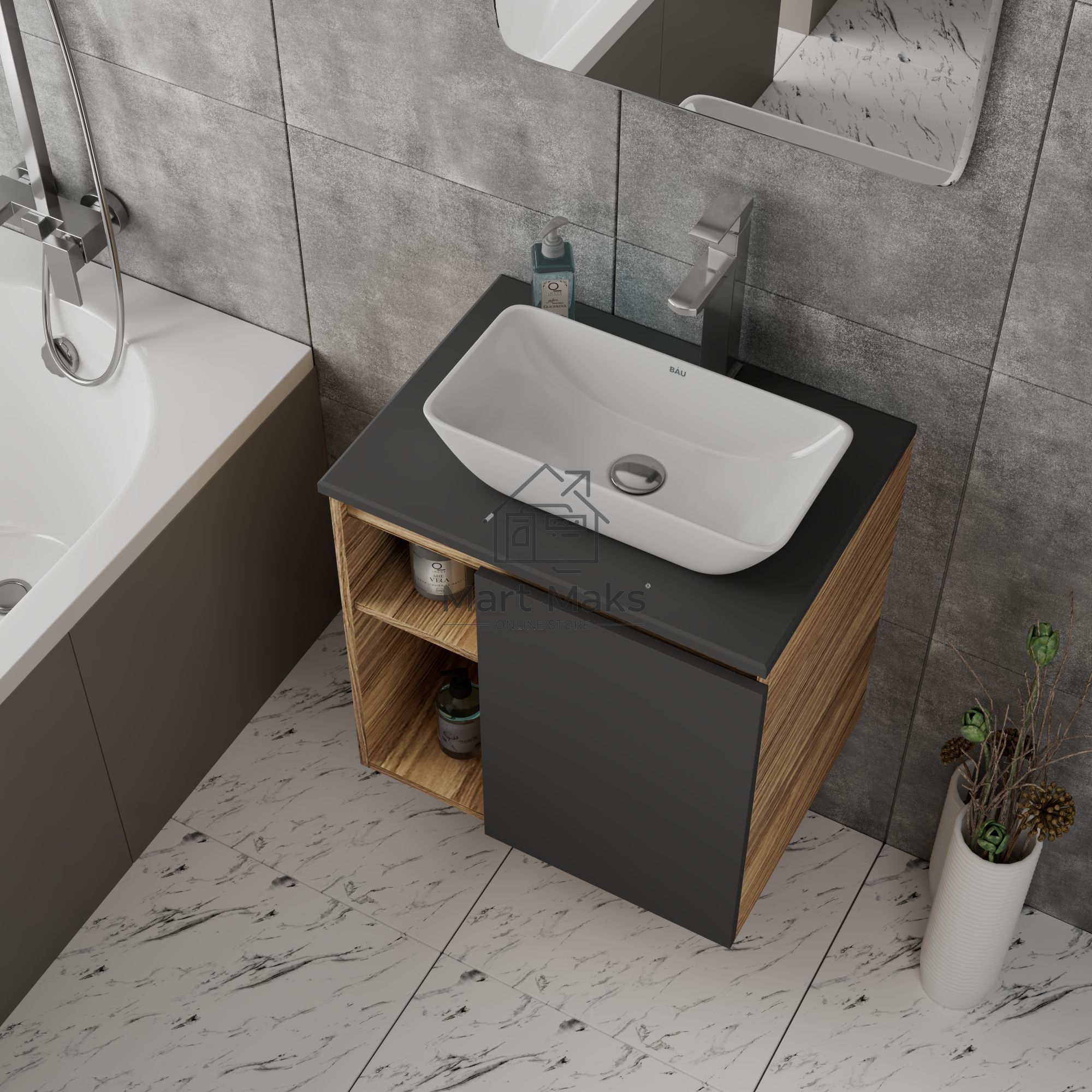 Тумба Bau Dream Blackwood 60 правая, графит, раковина BAU Spectrum mini 47х24 смеситель для раковины высокий Hotel Still, нержавеющая сталь, выпуск клик клак, хром
