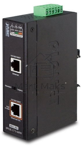 Индустриальный PoE инжектор IPOE-171-60W IP30, Industrial Single-Port 10/100/1000Mbps 802.3bt PoE++ Injector (60 Watts, Legacy mode support, PoE Usage LED, -40 to 75 C)