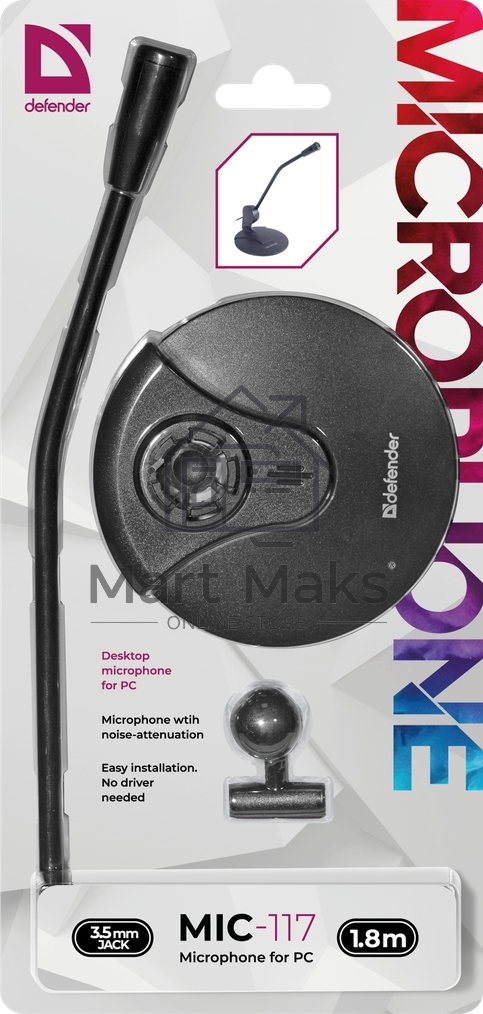 Микрофон Defender MIC-117 черный, кабель 1.8 м