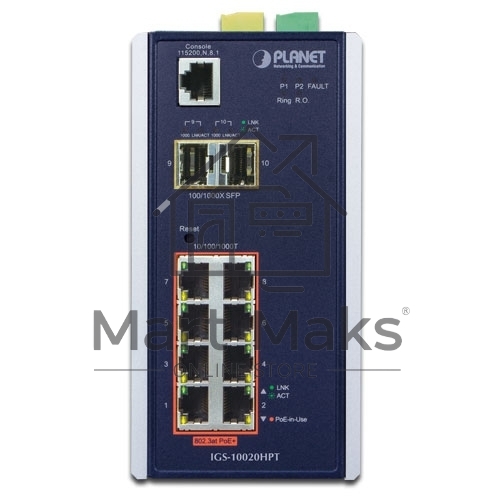 Индустриальный PoE коммутатор IGS-10020HPT для монтажа в DIN-рейку IP30 L2+ SNMP Manageable 8-Port Gigabit POE+(AT) Switch + 2-Port Gigabit SFP Industrial Switch (-40 to 75 C), ERPS Ring Supported, 1588
