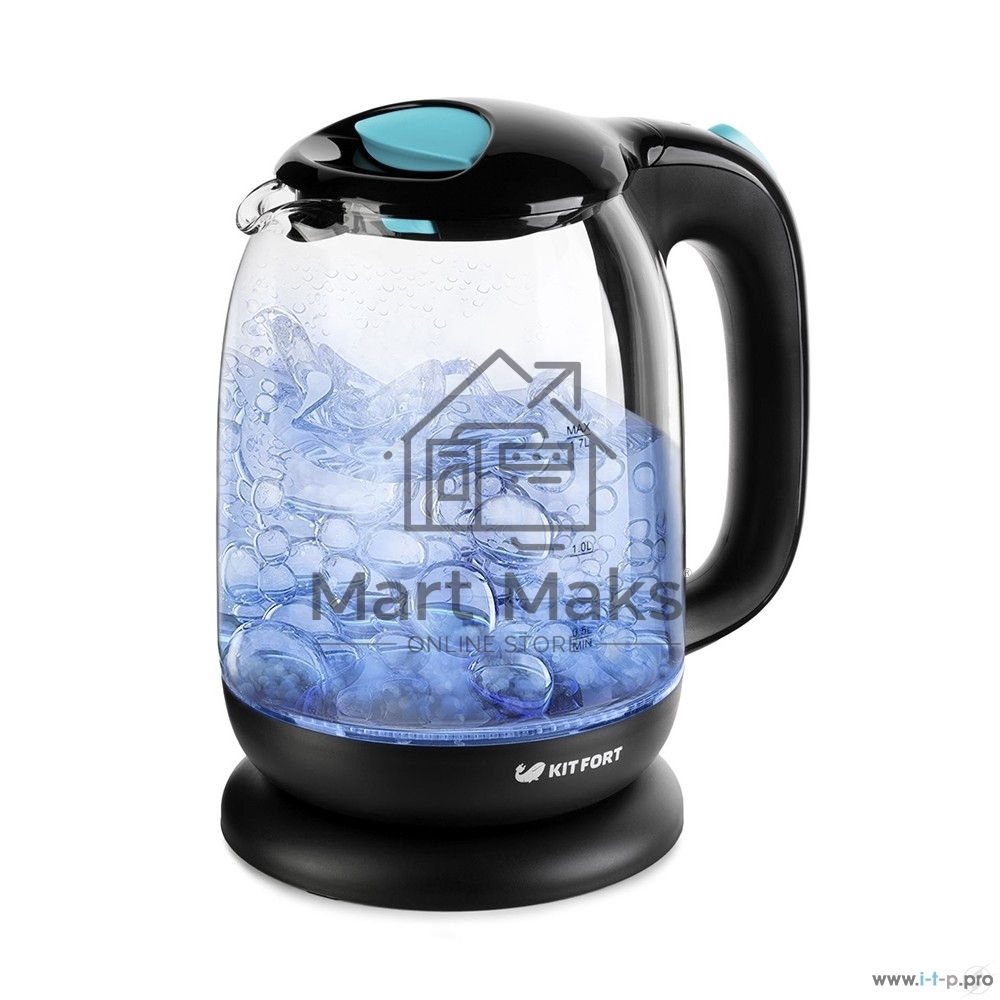 Чайник электрический Kitfort КТ-625-1 1.7л. 2200Вт черный/голубой (корпус: стекло)