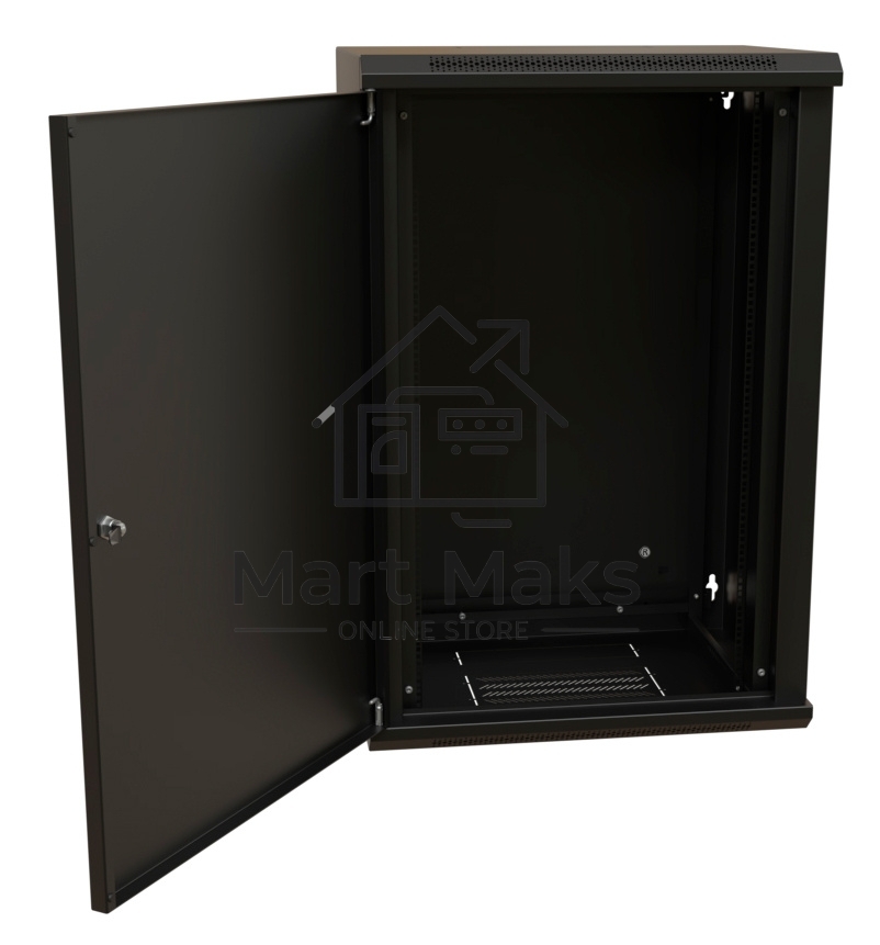 Шкаф коммутационный WRline (WR-TW-1845-SR-RAL9004) настенный 18U 600x450мм пер.дв.металл 2 бок.пан. 60кг черный 370мм 908мм IP20 сталь