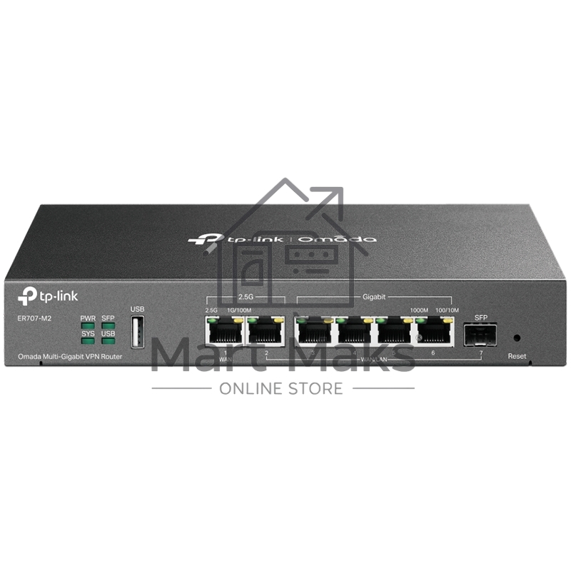Маршрутизатор VPN TP-Link ER707-M2 Omada с мультигигабитными портами,1 x RJ45 WAN 2,5 Гбит/с, 1 x RJ45 WAN/LAN 2,5 Гбит/с, 1 x SFP WAN/LAN, 4 гиг. порта RJ45 WAN/LAN, 1 порт USB 2.0