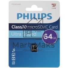Флеш карта microSD 64Gb PHILIPS microSDHC Class 10 (SD адаптер)