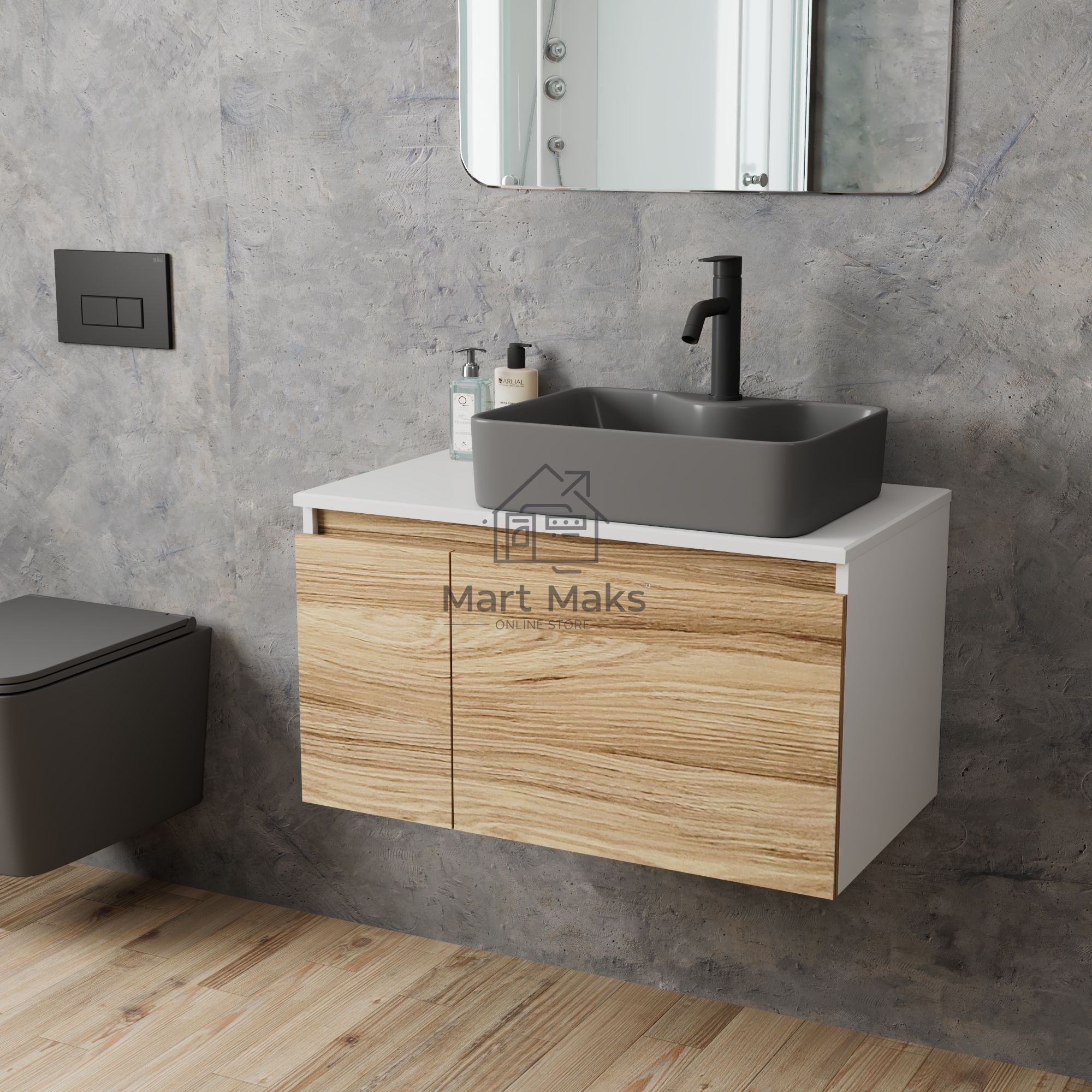 Комплект: тумба Bau Dream Blackwood 80, раковина BAU Cerama 48х37, темно-серая, смеситель Hotel Dream Black, черный матовый
