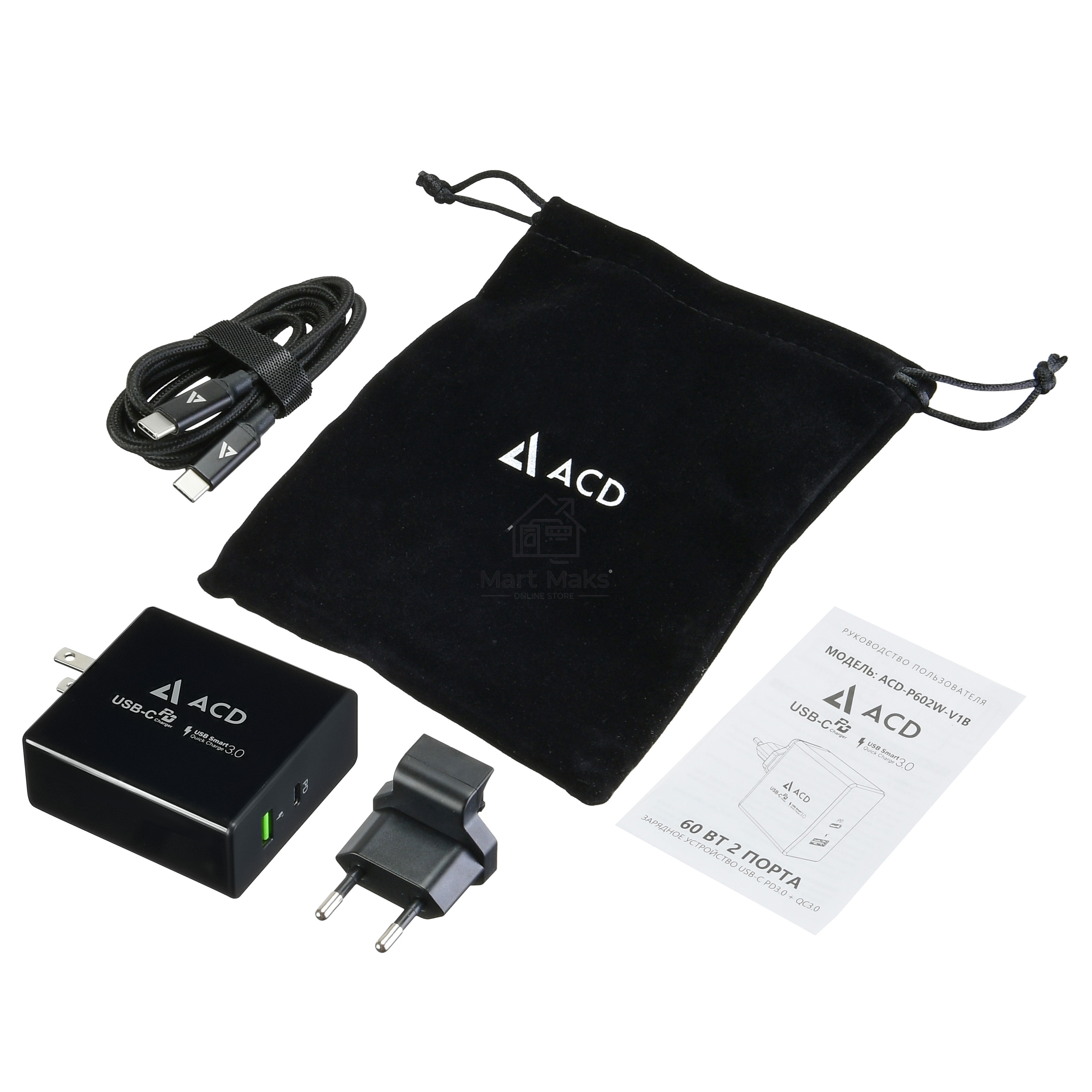 Сетевое зарядное устройство  ACD-P602W-V1B 60Вт, 2xUSB 1PD+1QC, 3.6~20В/3А RTL