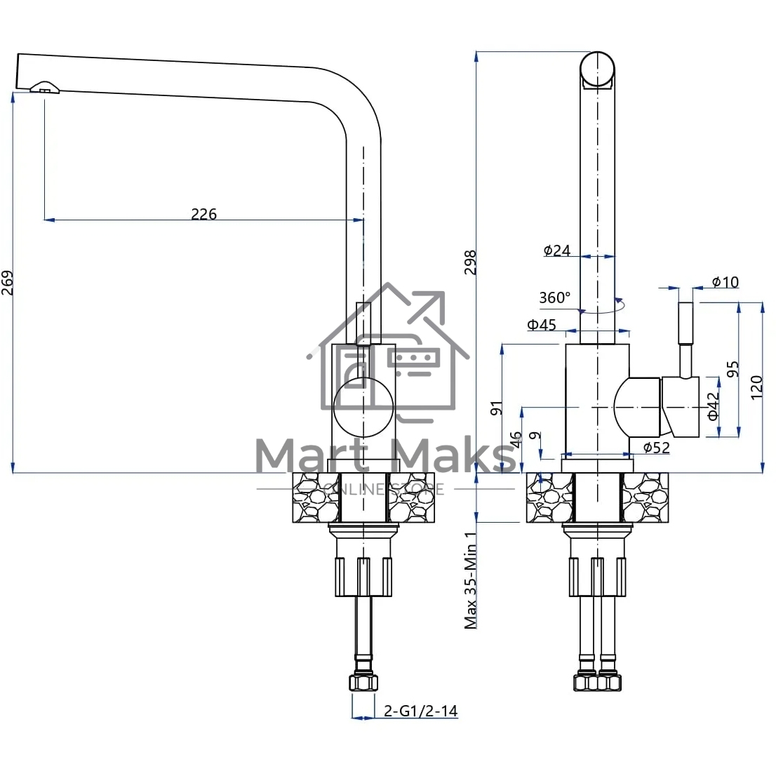 Кухонный смеситель GranFest Quarz GF-Z-5411, Г-образный, темно-серый