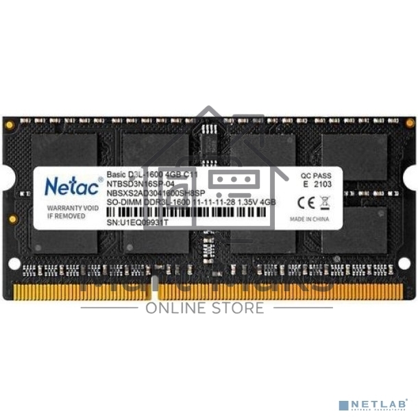 Оперативная память NETAC Basic, DDR3L, 4GB (1x4GB), 1600MHz, CL11, SO-DIMM