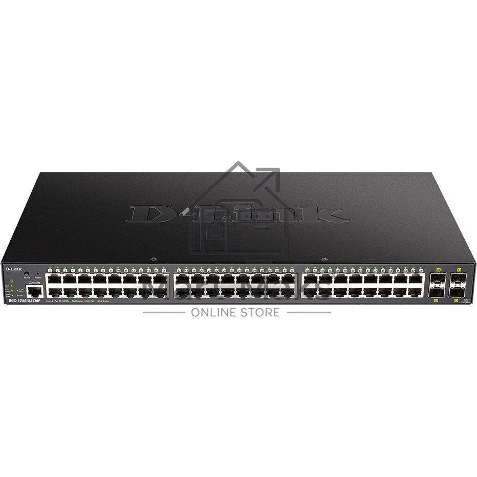 Коммутатор D-Link DGS-1250-52XMP/A1A, L2 Smart Switch with 48 10/100/1000Base-T ports and 4 10GBase-X SFP+ ports (48 PoE ports 802.3af/802.3at (30 W), PoE Budget 370W).16K Mac address, 802.3x Flow Control, 4K