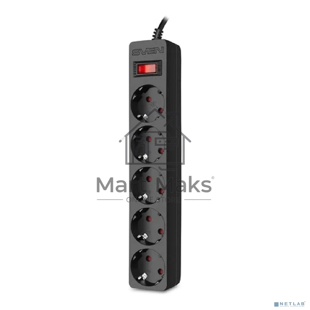 Сетевой фильтр SVEN SF-05E 1,8 м (5 розеток с защитными шторками) черный, цветная коробка