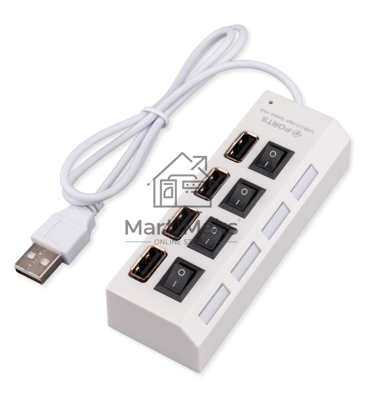 Разветвитель USB2.0 Gembird UHB-243-ADW, 4хUSB, с доп. питанием, подсветка и выключатели, кабель USB 55см, белый, коробка