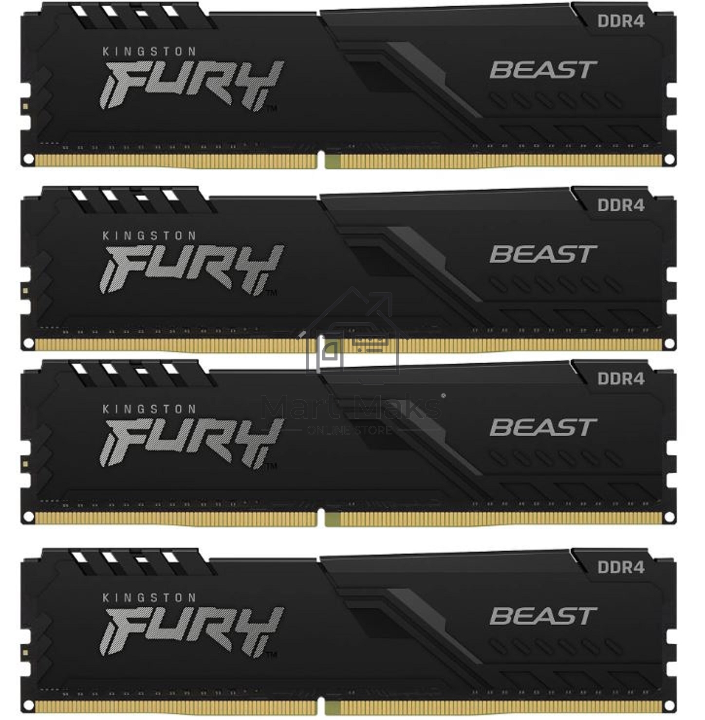 Оперативная память Kingston Fury Beast, DDR4, 128GB (4x32 GB), 3200 MHz, CL16, DIMM, с радиатором, черный