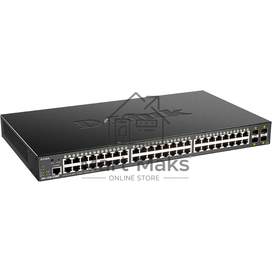 Коммутатор D-Link DGS-1250-52XMP/A1A, L2 Smart Switch with 48 10/100/1000Base-T ports and 4 10GBase-X SFP+ ports (48 PoE ports 802.3af/802.3at (30 W), PoE Budget 370W).16K Mac address, 802.3x Flow Control, 4K