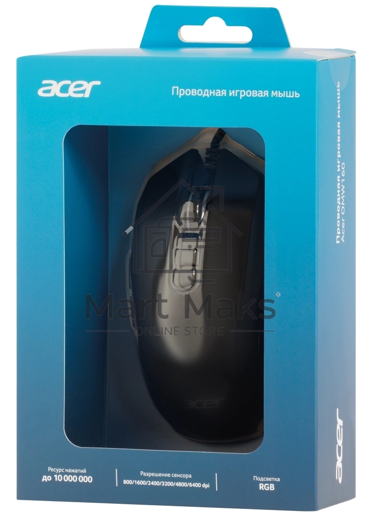 Мышь проводная Acer OMW160 черный, 6400 dpi, USB, кнопки - 8