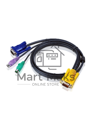 Шнур, мон+клав+мышь PS/2, SPHD15=>HD DB15+2x6MINI-DIN ATEN (2L-5202P) Male-3xMale, 8+6+6 проводов, опрессованный, 1.8 метр., черный