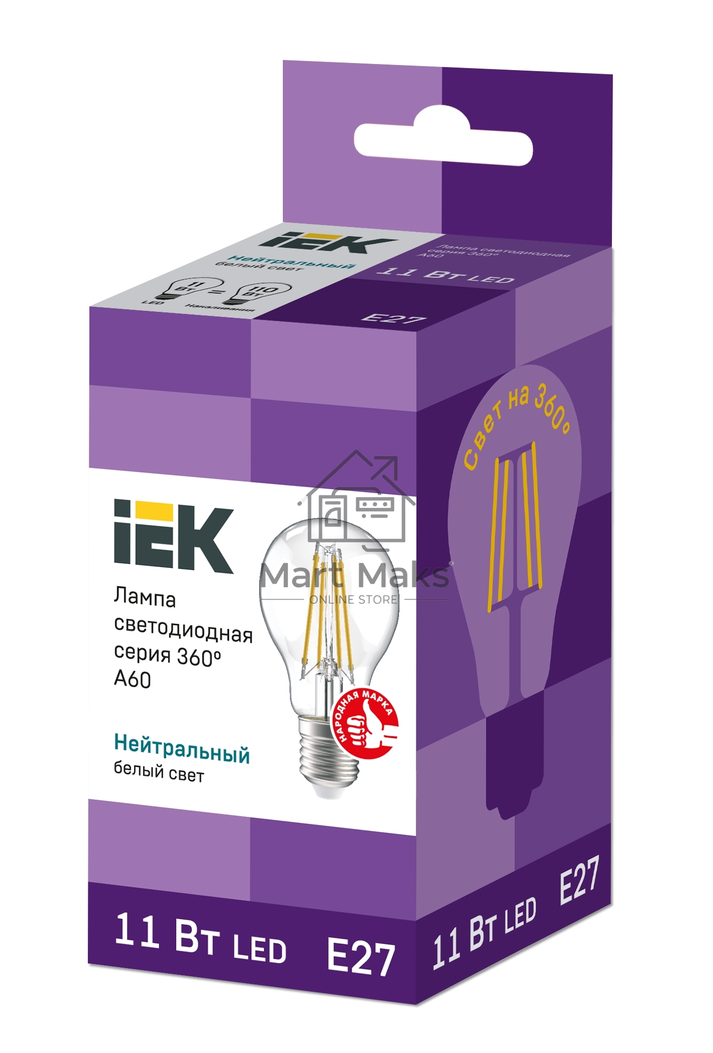 Лампа LED A60 шар прозр. Iek LLF-A60-11-230-40-E27-CL 11Вт 230В 4000К E27 серия 360°