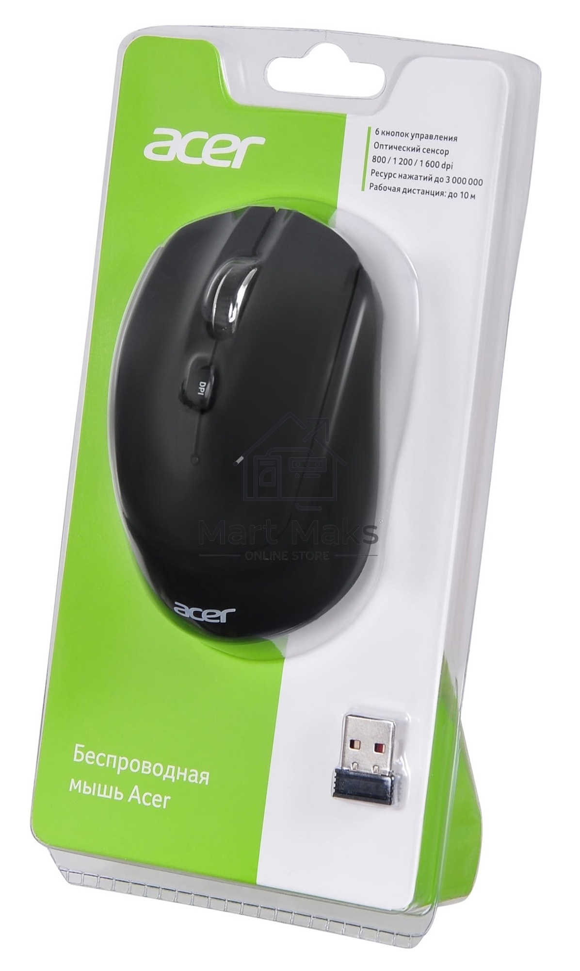 Мышь беспроводная Acer OMR040 черный, 1600 dpi, радиоканал, USB, кнопки - 6