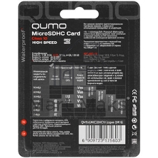 Флеш карта QUMO MicroSDHC 16Gb Сlass 10, адаптер в комплекте SD, черно-красная картонная упаковка