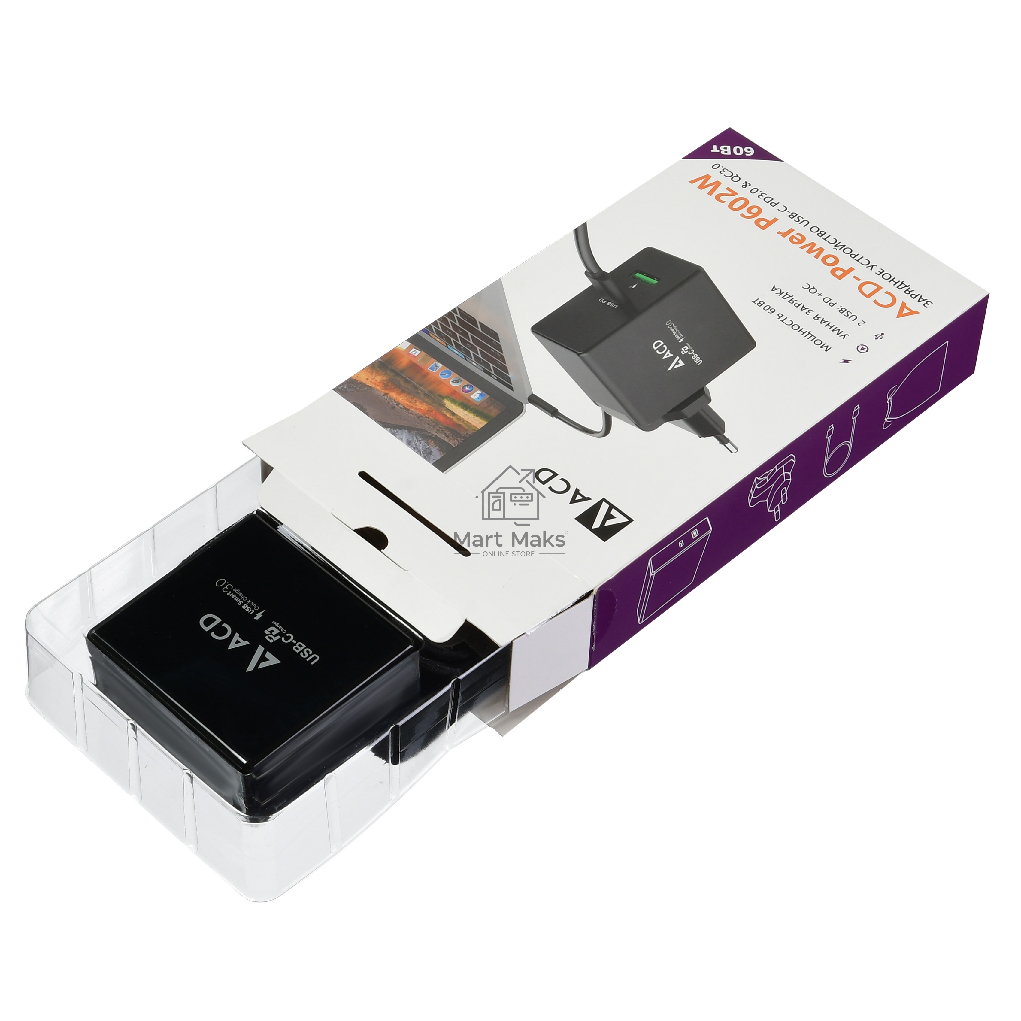 Сетевое зарядное устройство  ACD-P602W-V1B 60Вт, 2xUSB 1PD+1QC, 3.6~20В/3А RTL