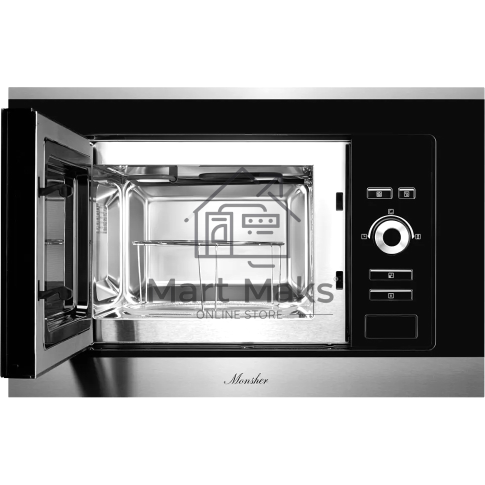 Встраиваемая микроволновая печь Monsher MMH 201 BX 60 см, 20 л, 8 автоматических кулинарных программ, 5 режимов мощности, функция размораживания по весу полуфабрикатов или по времени, черный и нерж.