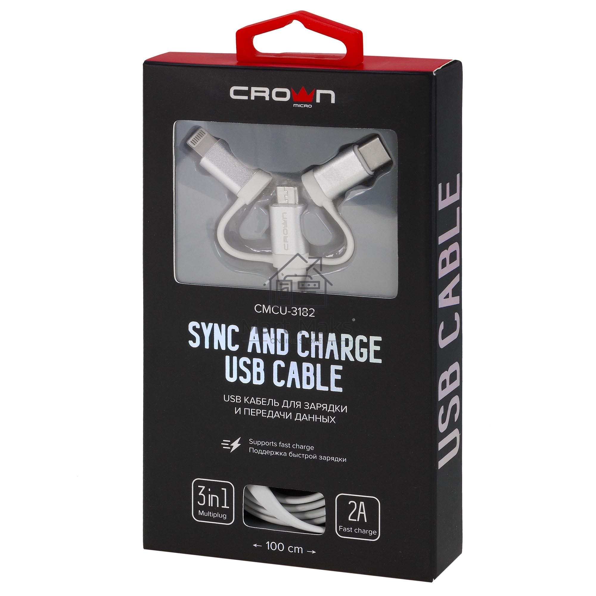 Кабель Crown USB - microUSB/USB Type-C/Lightning CMCU-3182 белый