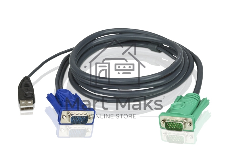 Шнур, мон+клав+мышь USB ATEN, SPHD15=>HD DB15+USB A-Тип, Male-2xMale, 8+4 проводов, опрессованный, 3 метр., черный, (2L-5203U)