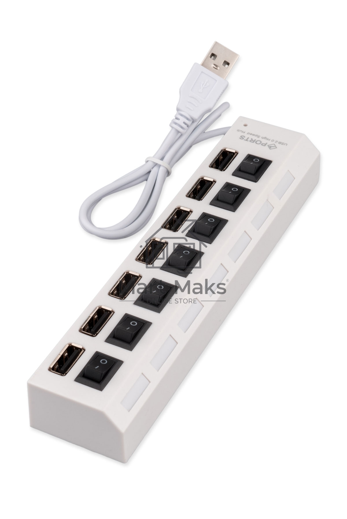 Разветвитель USB2.0 Gembird UHB-U2P7-01W, 7хUSB, с доп. питанием, подсветка и выключатели, кабель USB 55см, белый, коробка