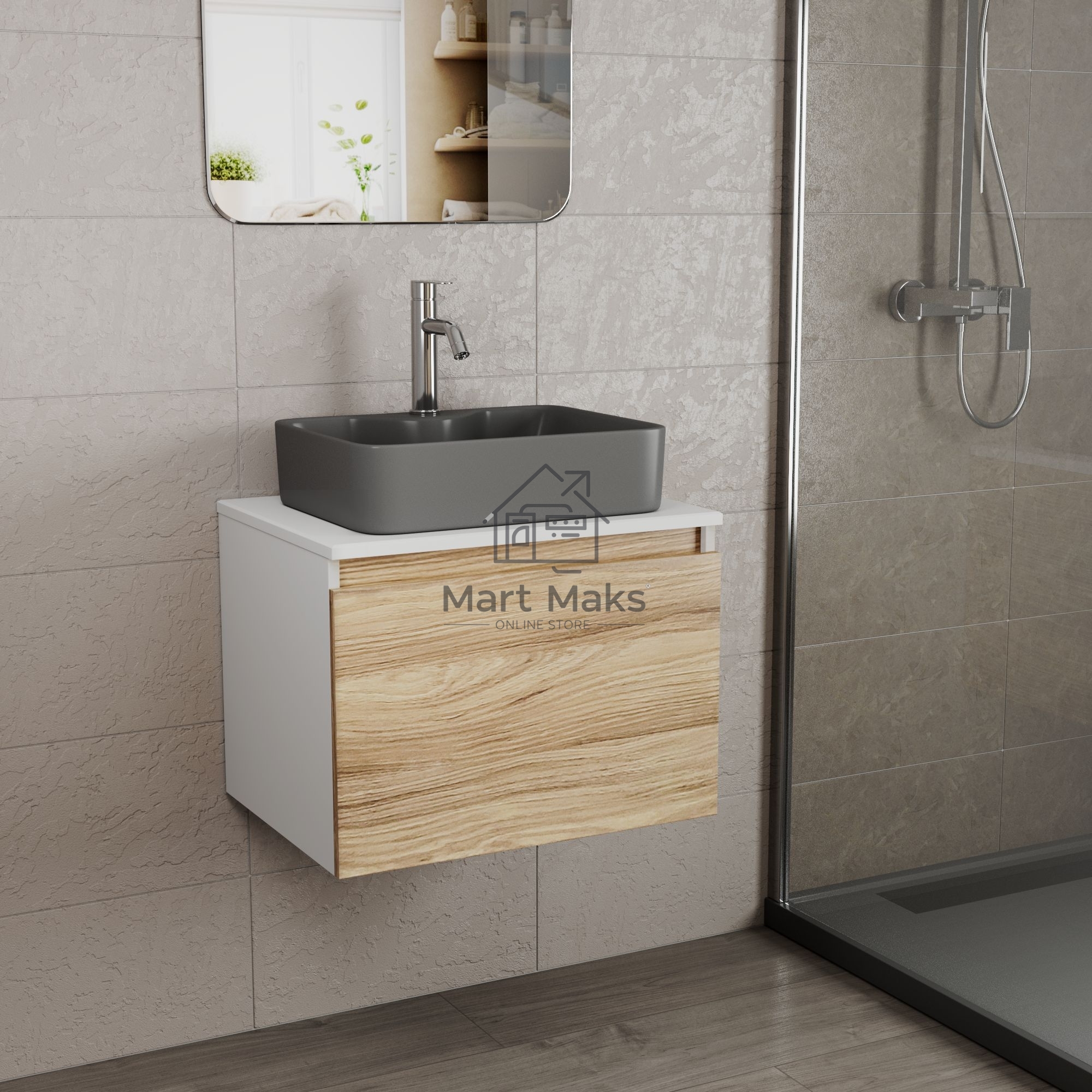 Комплект: тумба Bau Dream Blackwood 60, 1 ящик, раковина BAU Cerama 48х37, темно-серая, смеситель Hotel Dream, нерж сталь