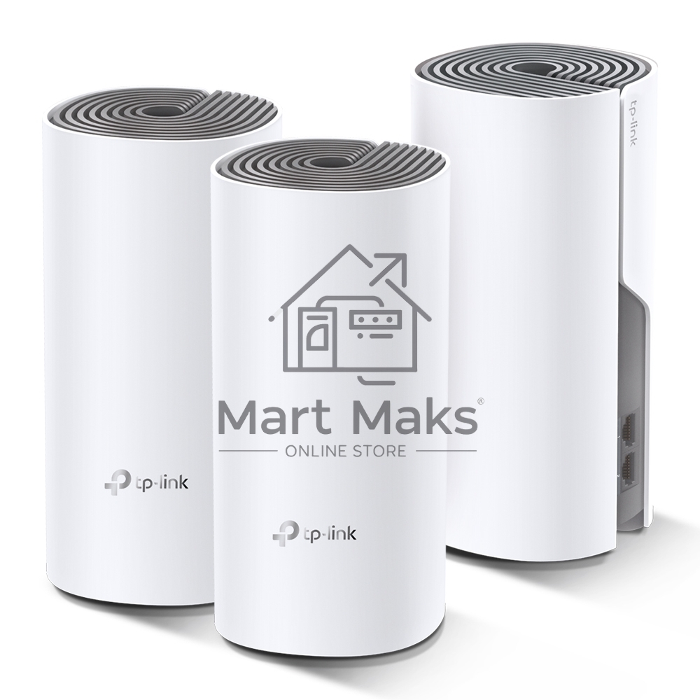 Домашняя Mesh Wi-Fi система TP-Link Deco E4 (3-Pack), 1167Мбит/с (5 ГГц: до 867 Мбит/с + 2,4 ГГц: до 300 Мбит/с), 2 порта 100 Мбит/с, 2 встроенные антенны на каждом модуле Deco