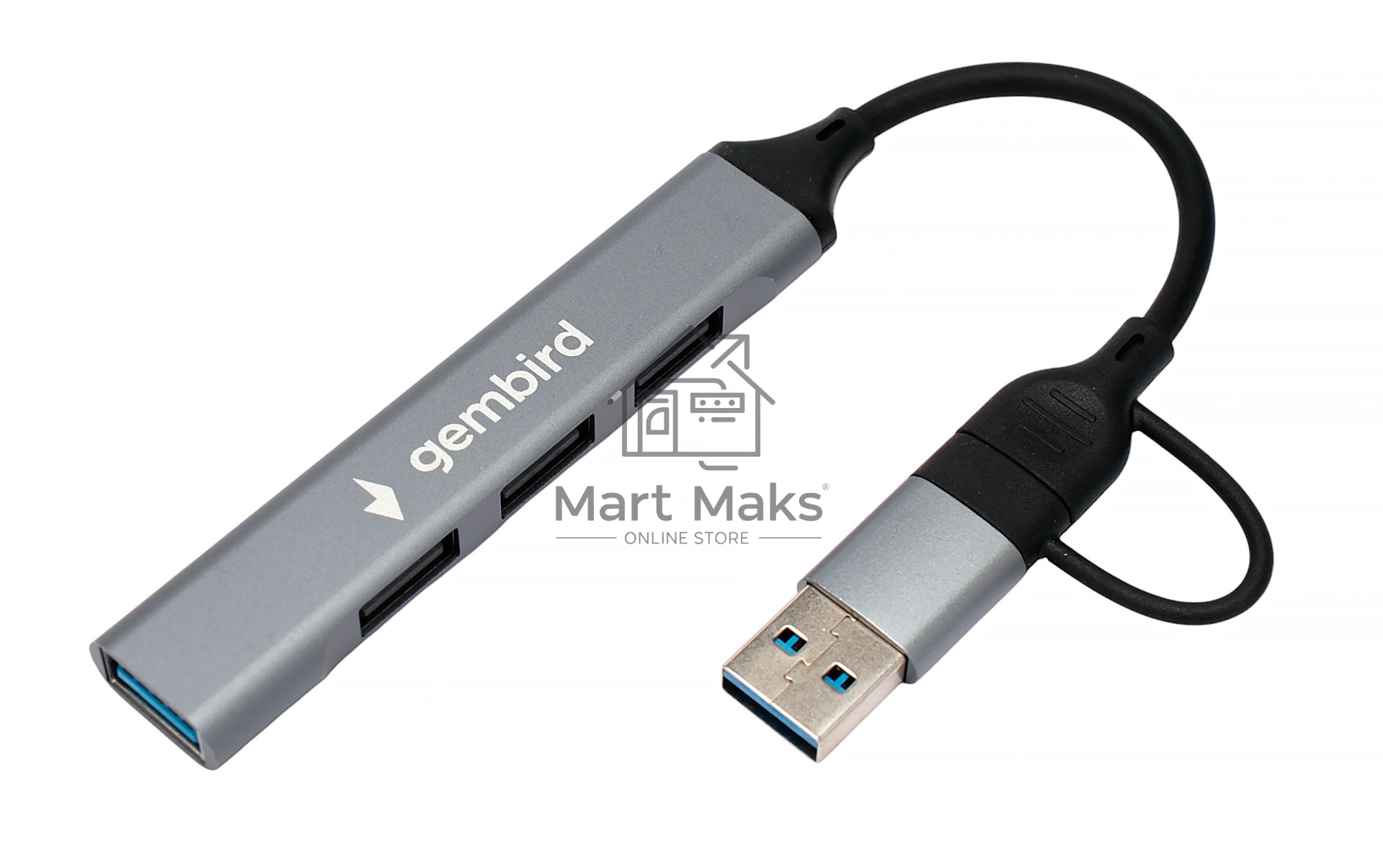 Разветвитель USB3.0/2.0 Gembird UHB-C204, USB3.0, 3xUSB2.0, кабель Type-C+USB 10см, алюминий, пакет